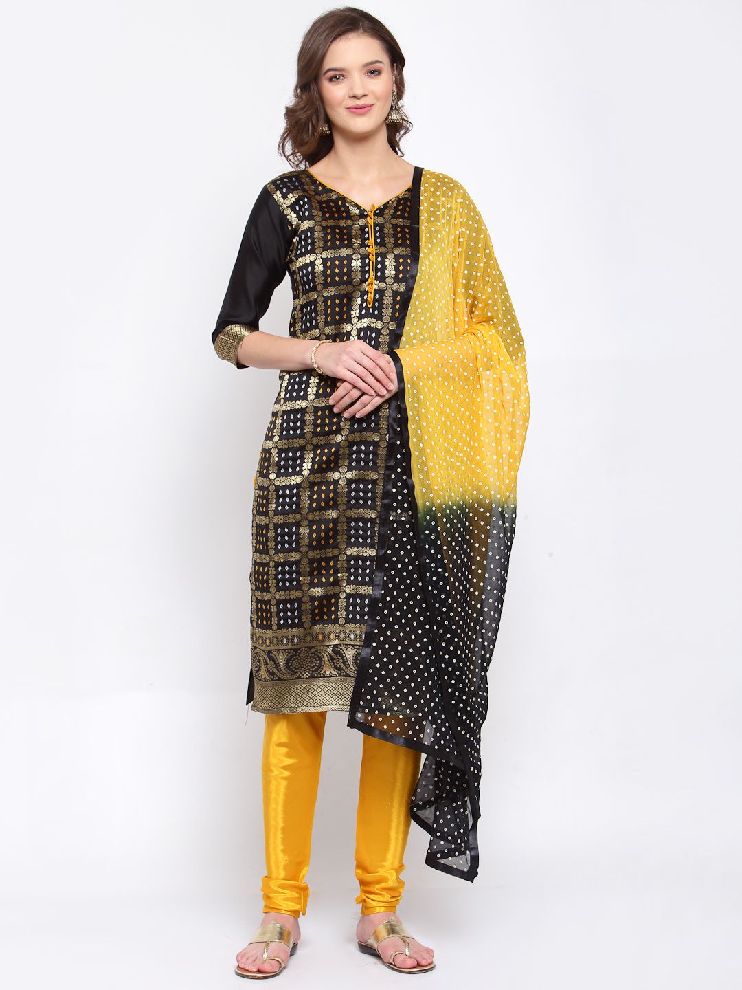 SERONA FABRICS Black & Yellow Chanderi  Jacquard Bandhani Print Unstitched Dress Material Price in India