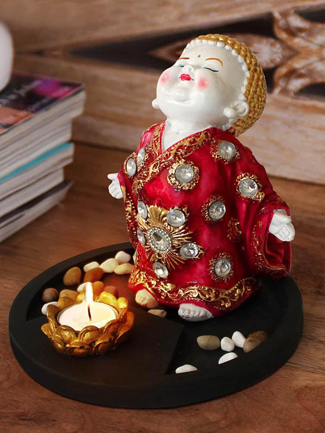 TIED RIBBONS Red & White Buddha Monk Idol Showpiece With Tray Stones & Candle Holder Price in India