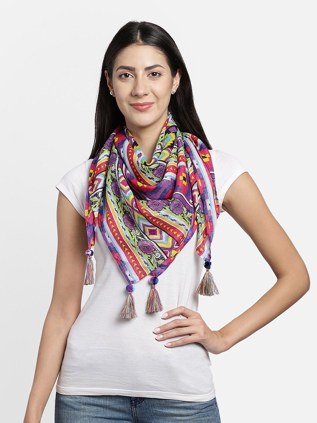 Anekaant Women Purple & Multicoloured Printed Cotton Scarf Price in India