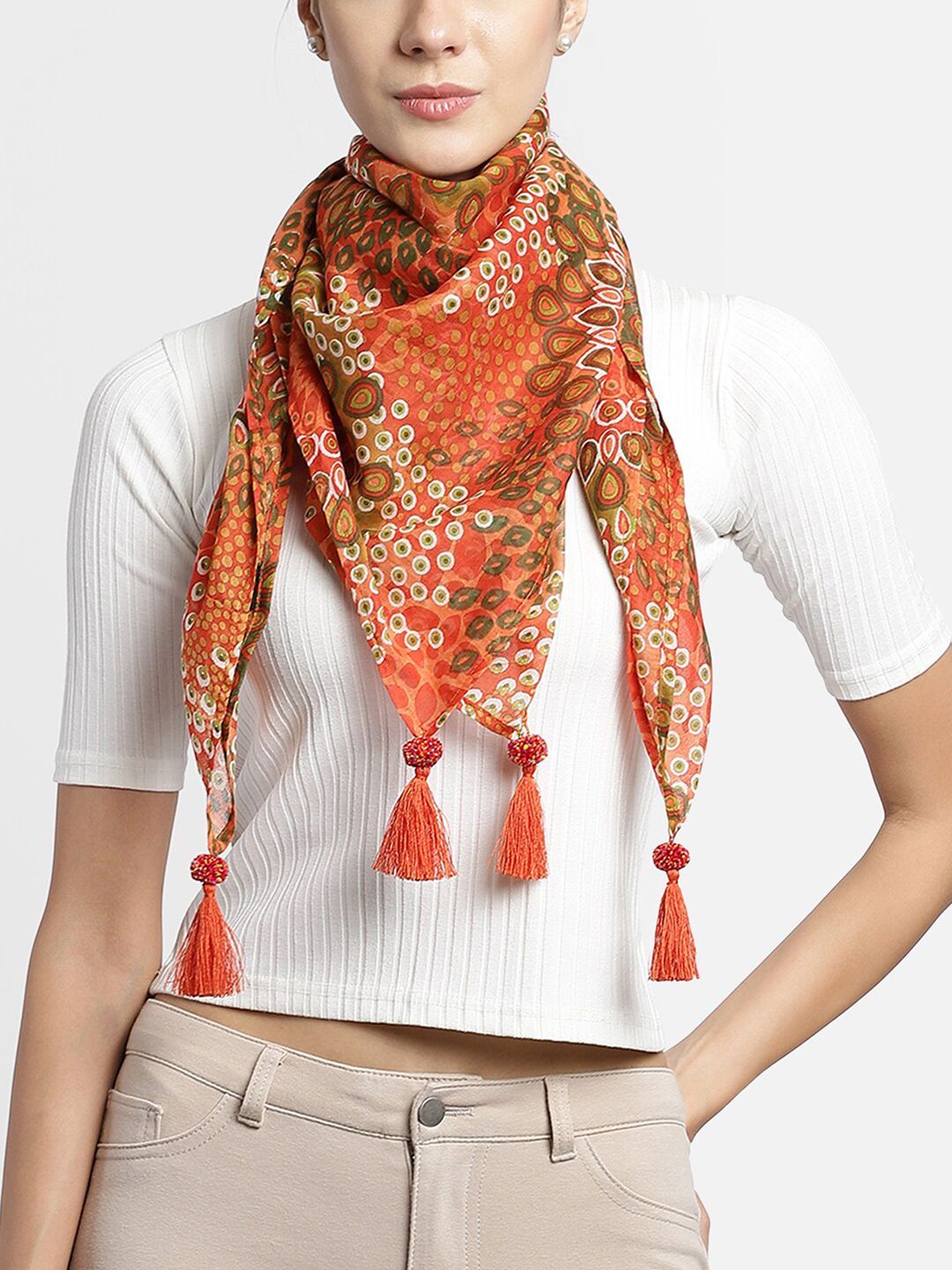 Anekaant Women Orange & Green Printed Scarf With Tassels Price in India