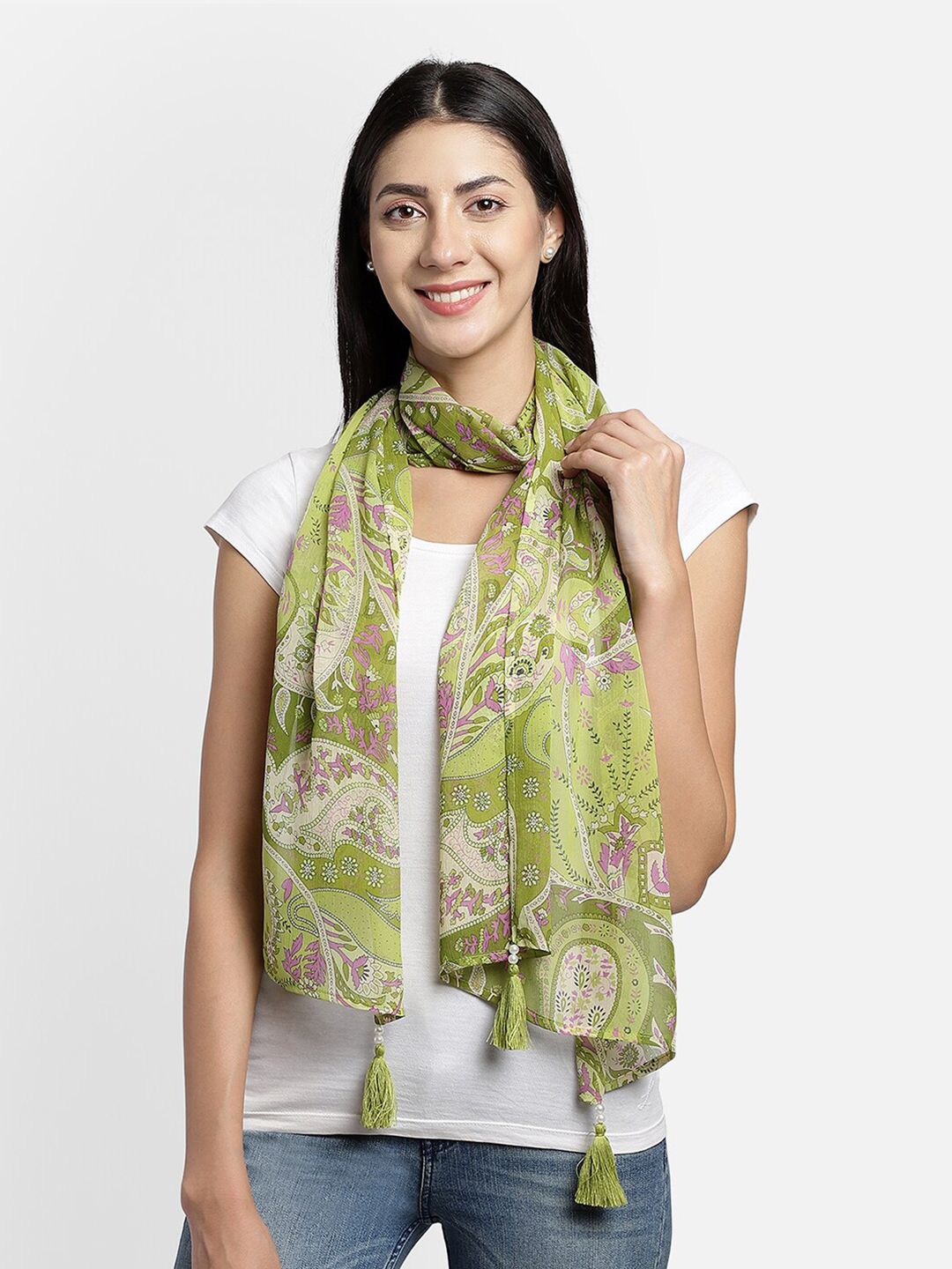 Anekaant Women Green & Purple Printed Cotton Scarf Price in India