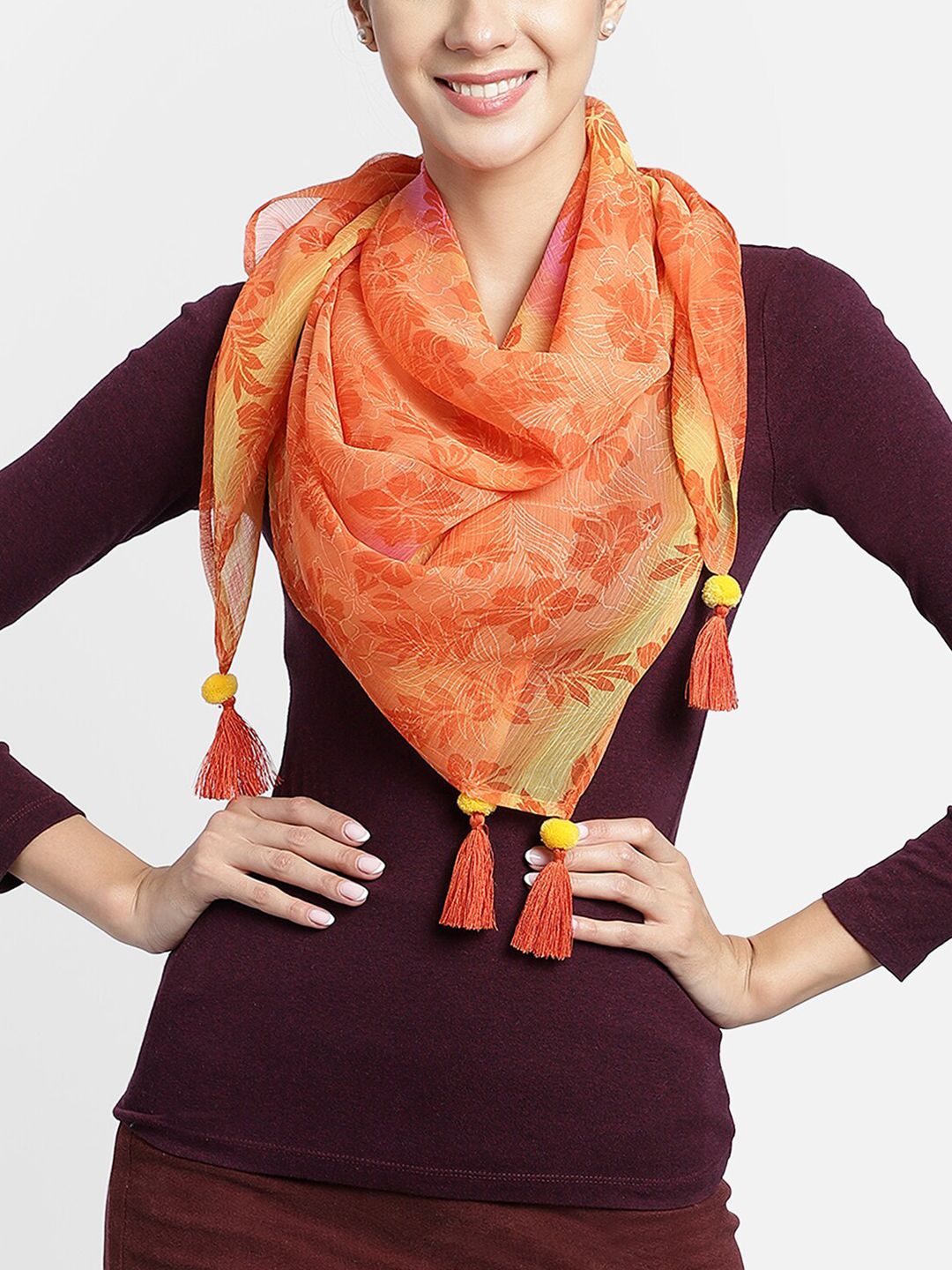 Anekaant Women Orange & Yellow Printed Scarf with Tassels Price in India
