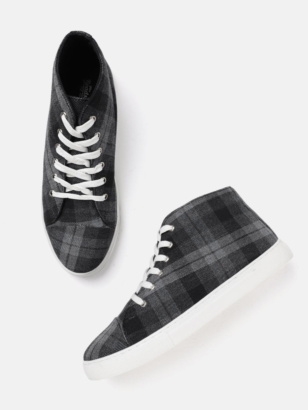 The Roadster Lifestyle Co Women Black & Charcoal Grey Mid-Top Checked Sneakers Price in India