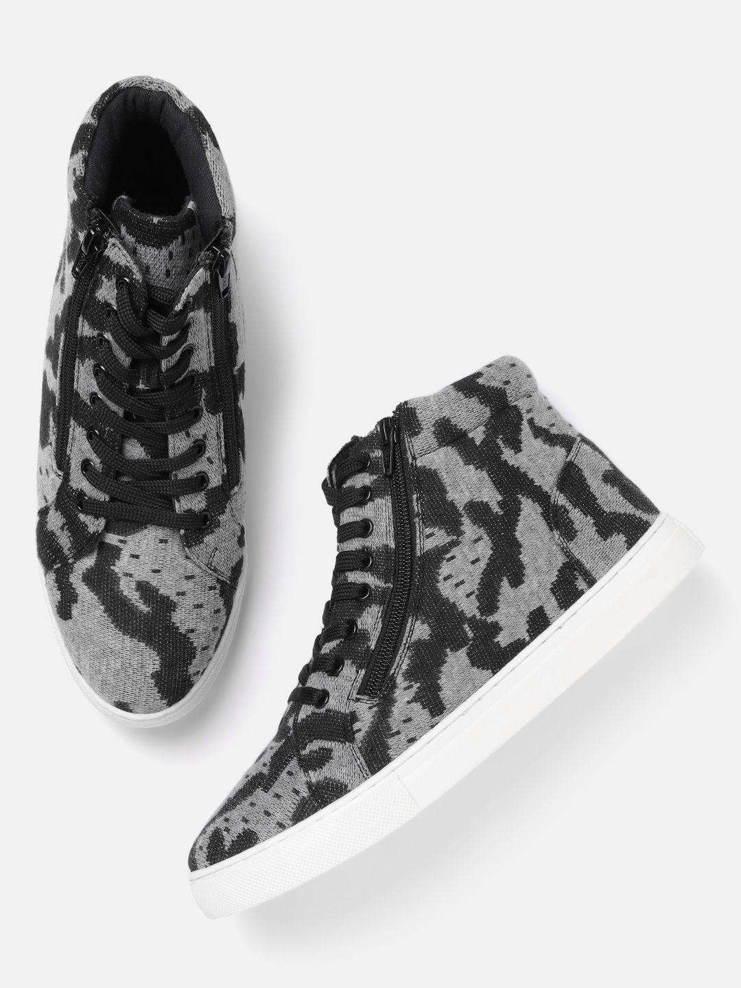 The Roadster Lifestyle Co Women Grey Melange & Black Mid-Top Camouflage Woven Design Sneakers Price in India