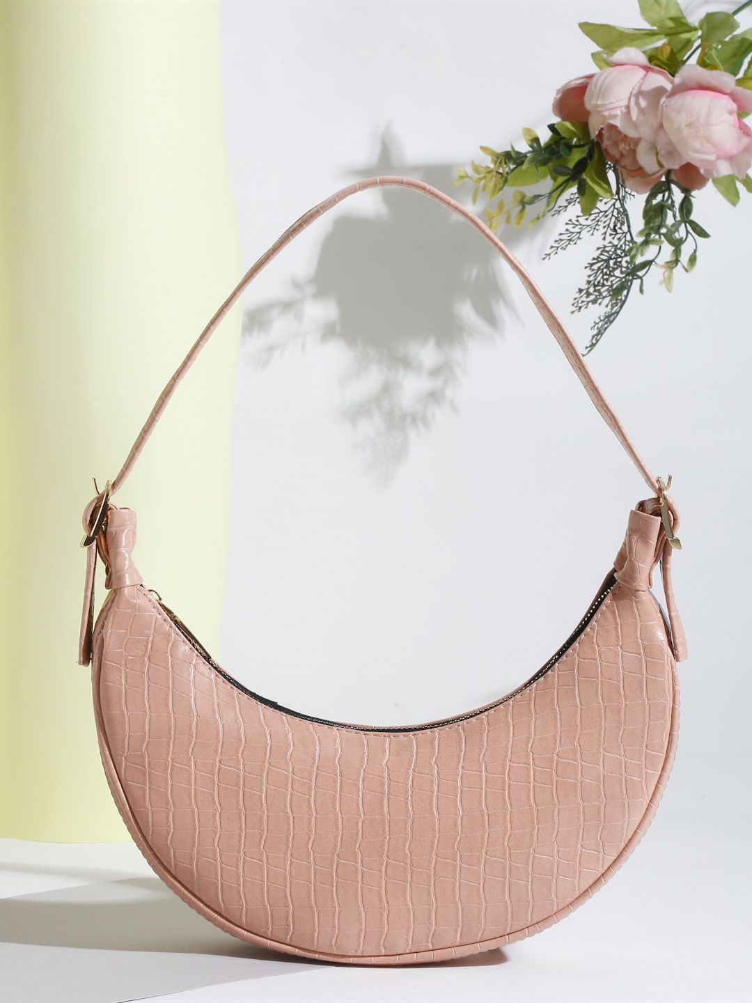 Apsis Peach-Coloured Textured Half Moon Hobo Bag Price in India