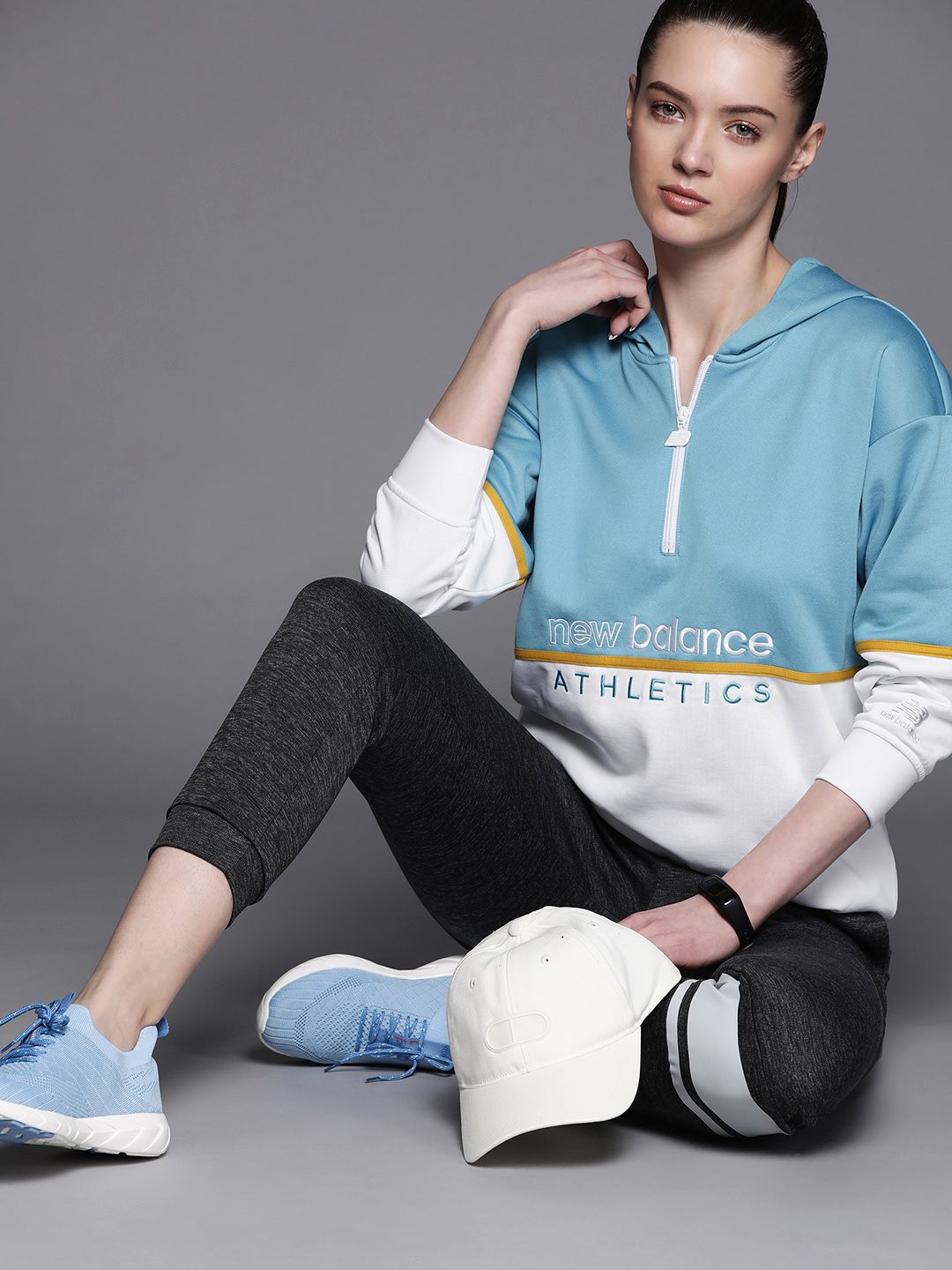 New Balance Women Blue & White Colourblocked Pure Cotton Hooded Sweatshirt Price in India