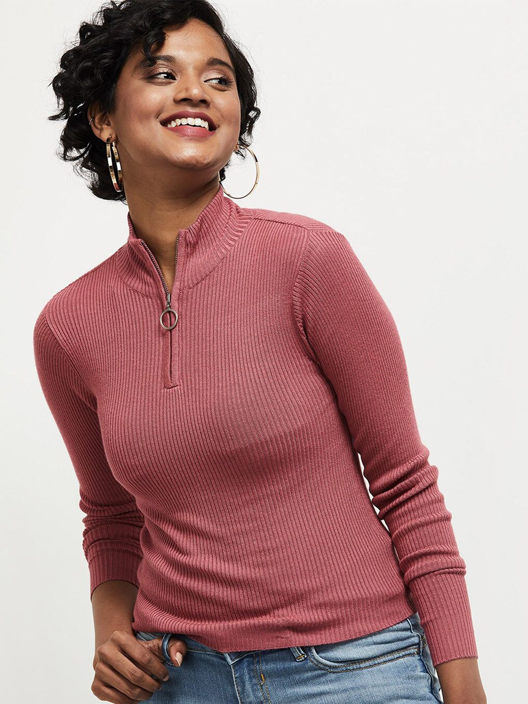 max Women Pink Ribbed Pullover Sweater Price in India