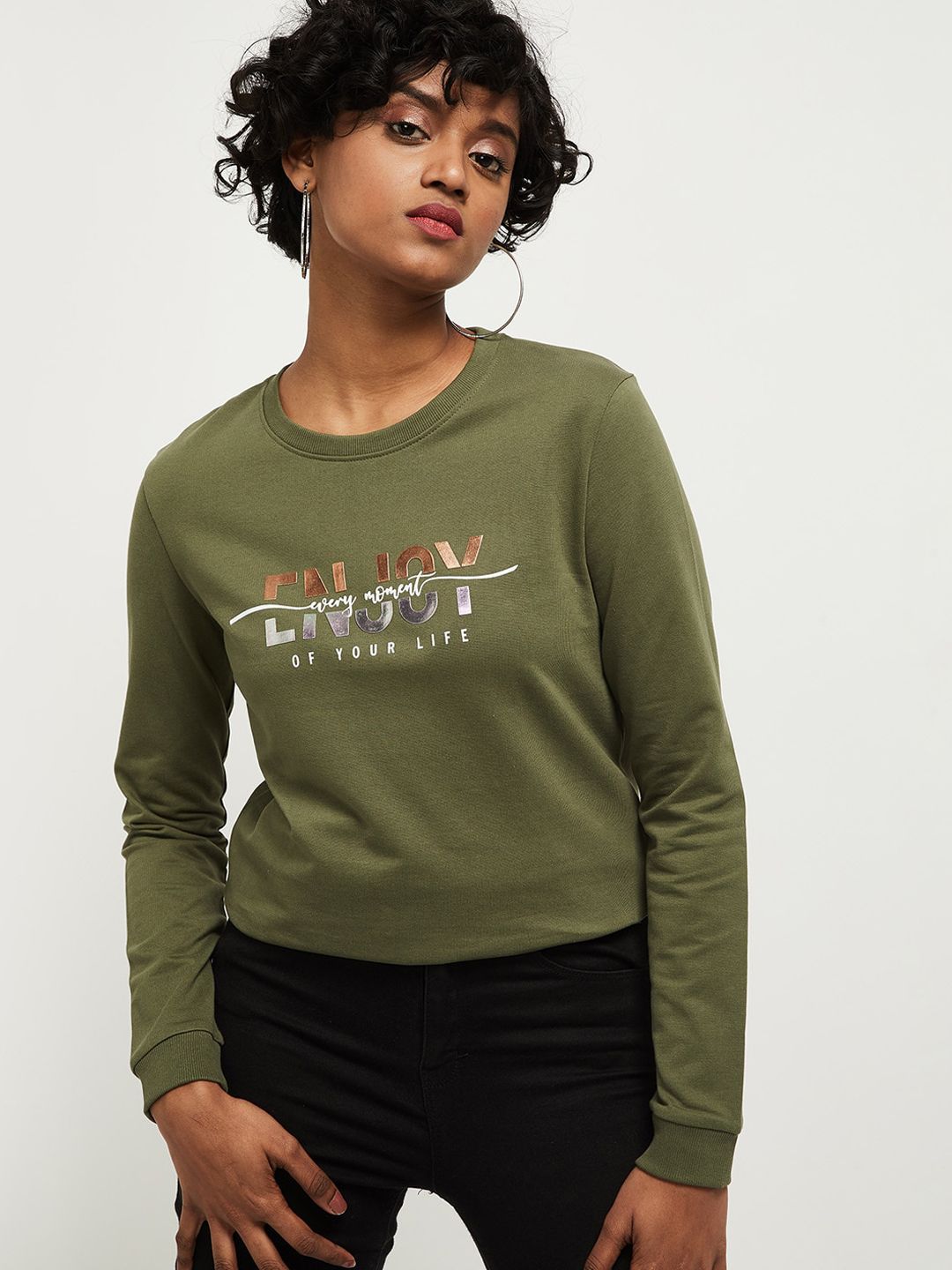 max Women Olive Green Printed Round Neck Sweatshirt Price in India