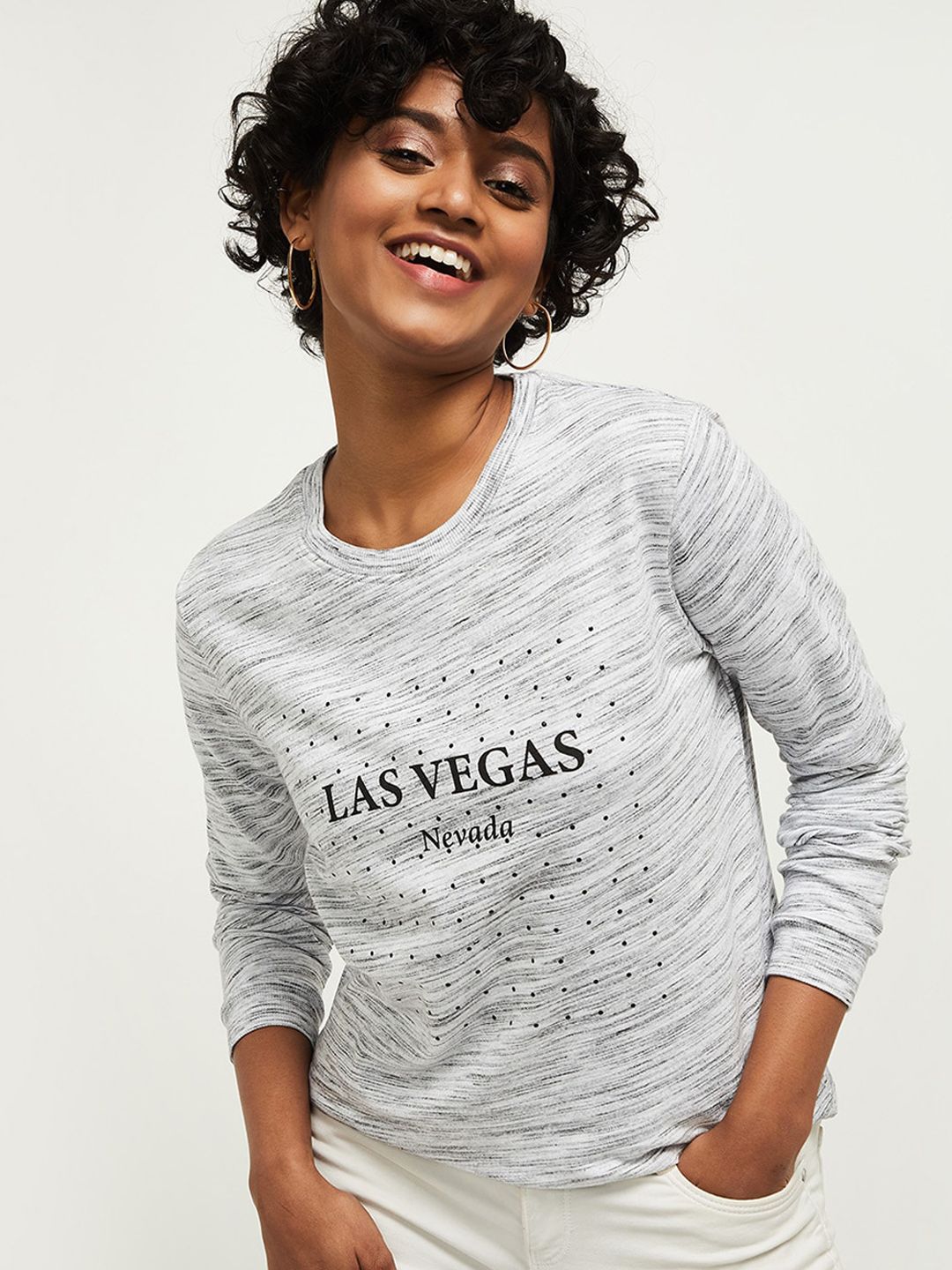 max Women Grey Printed Round Neck Sweatshirt Price in India