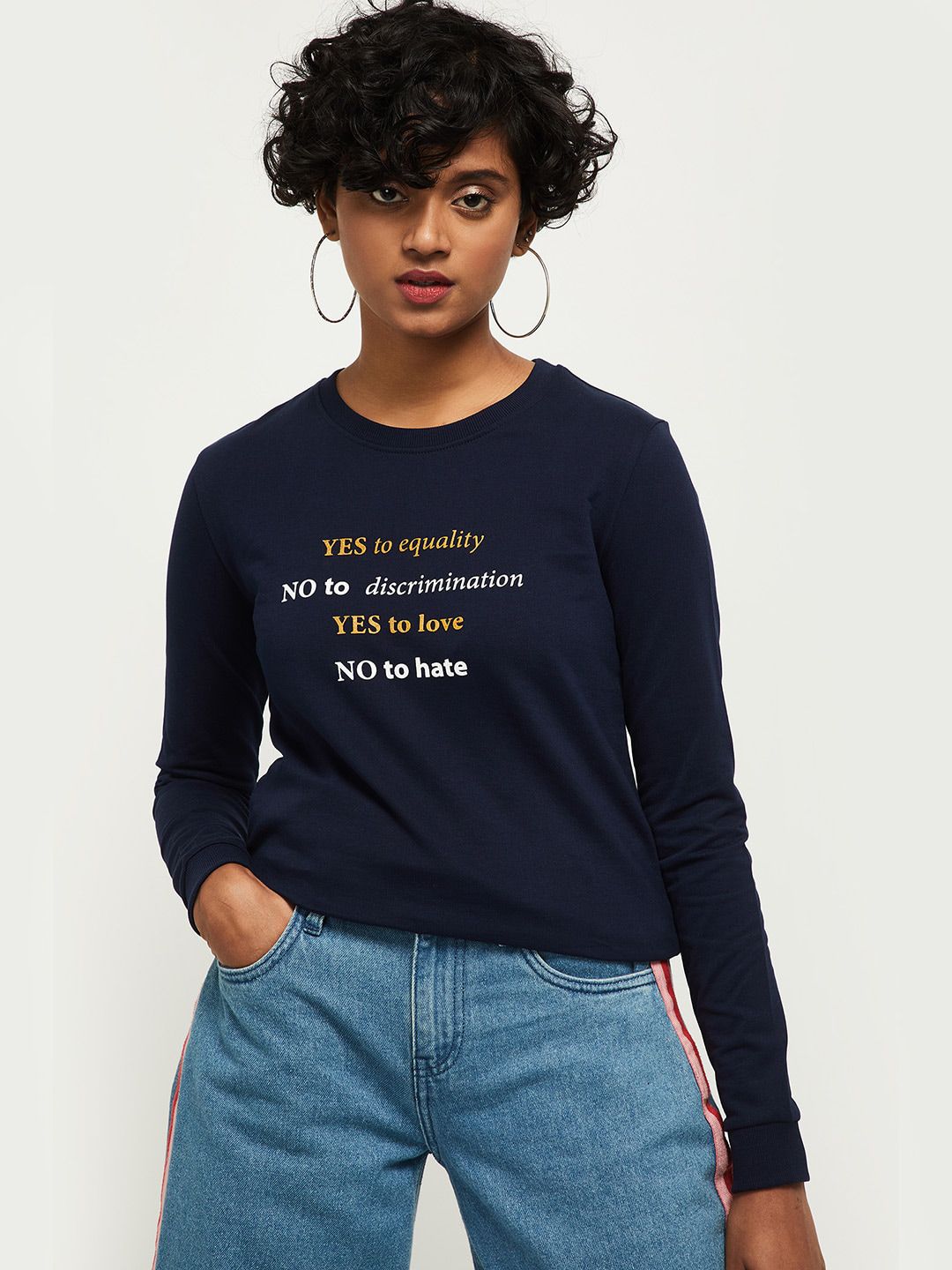 max Women Navy Blue Printed Round neck Sweatshirt Price in India