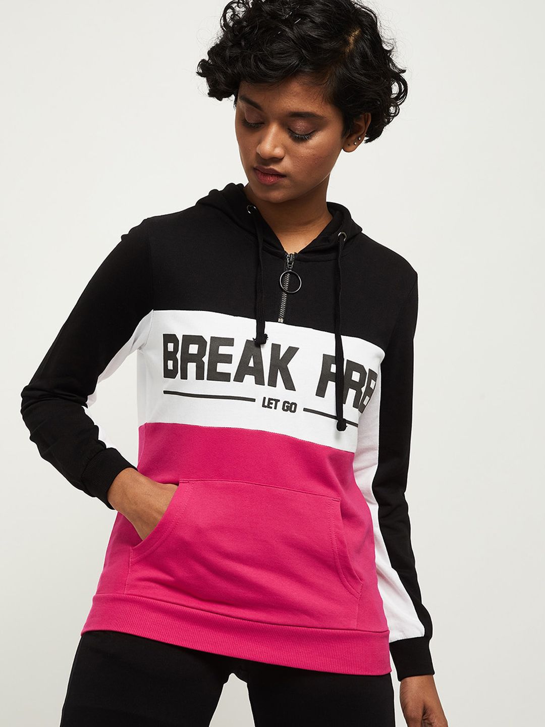 max Women Black Colourblocked Hooded Sweatshirt Price in India