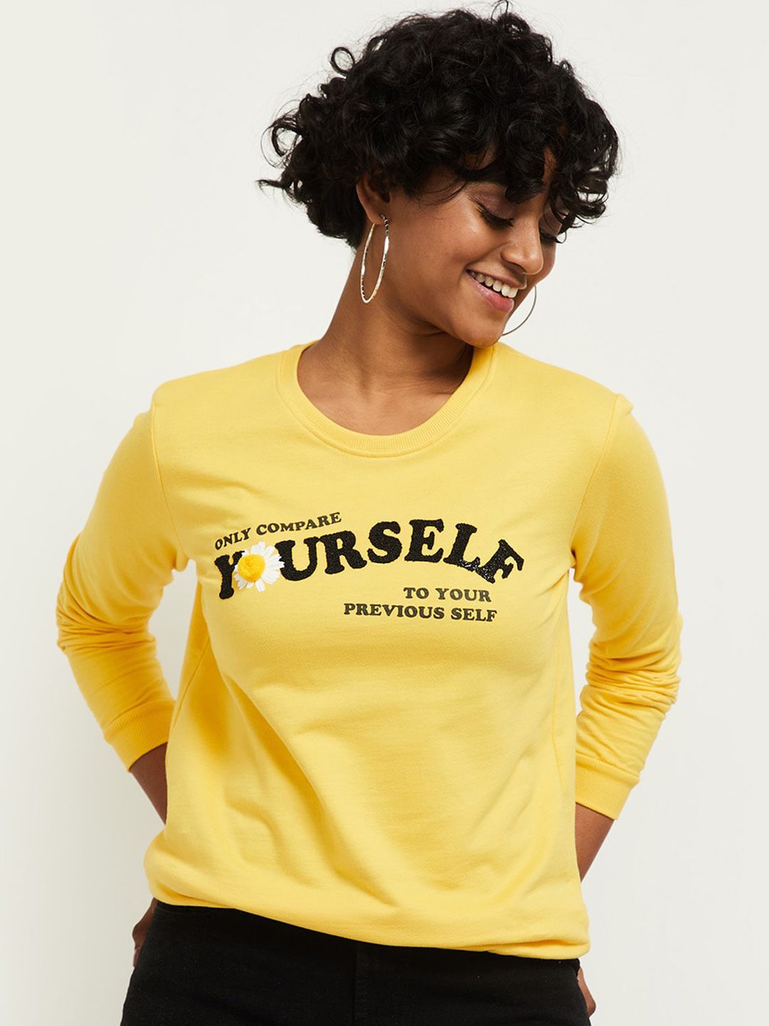 max Women Mustard Printed Round Neck Sweatshirt Price in India