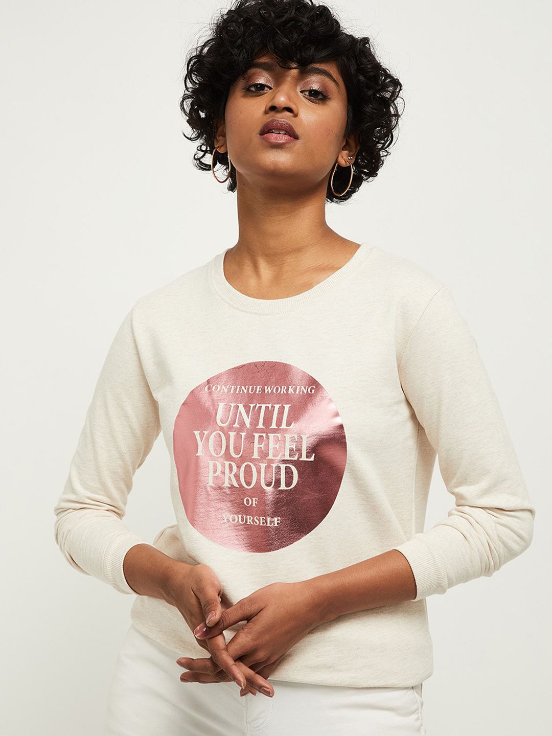max Women Beige Printed Round Neck Sweatshirt Price in India