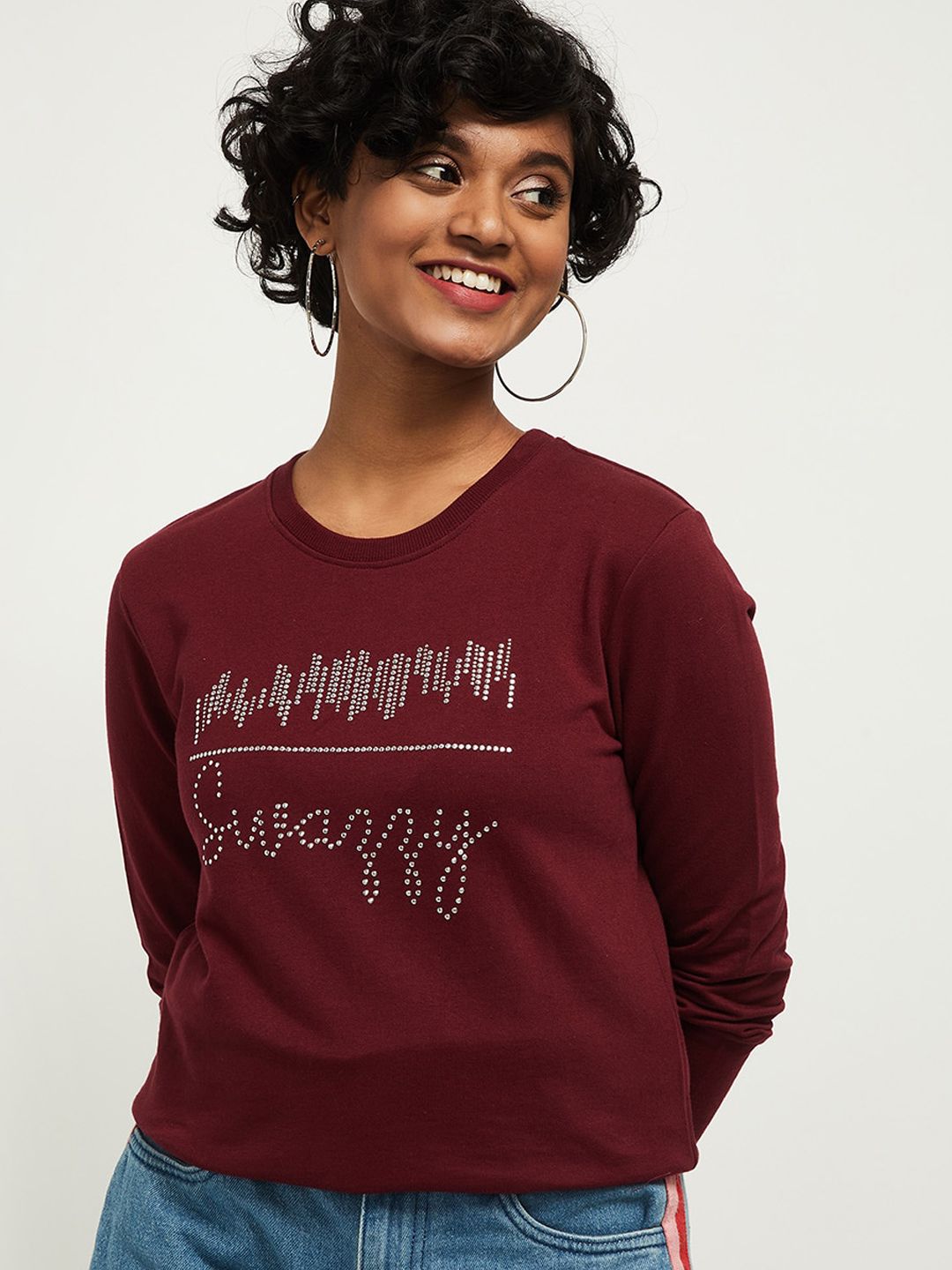 max Women Maroon Printed Round Neck Sweatshirt Price in India