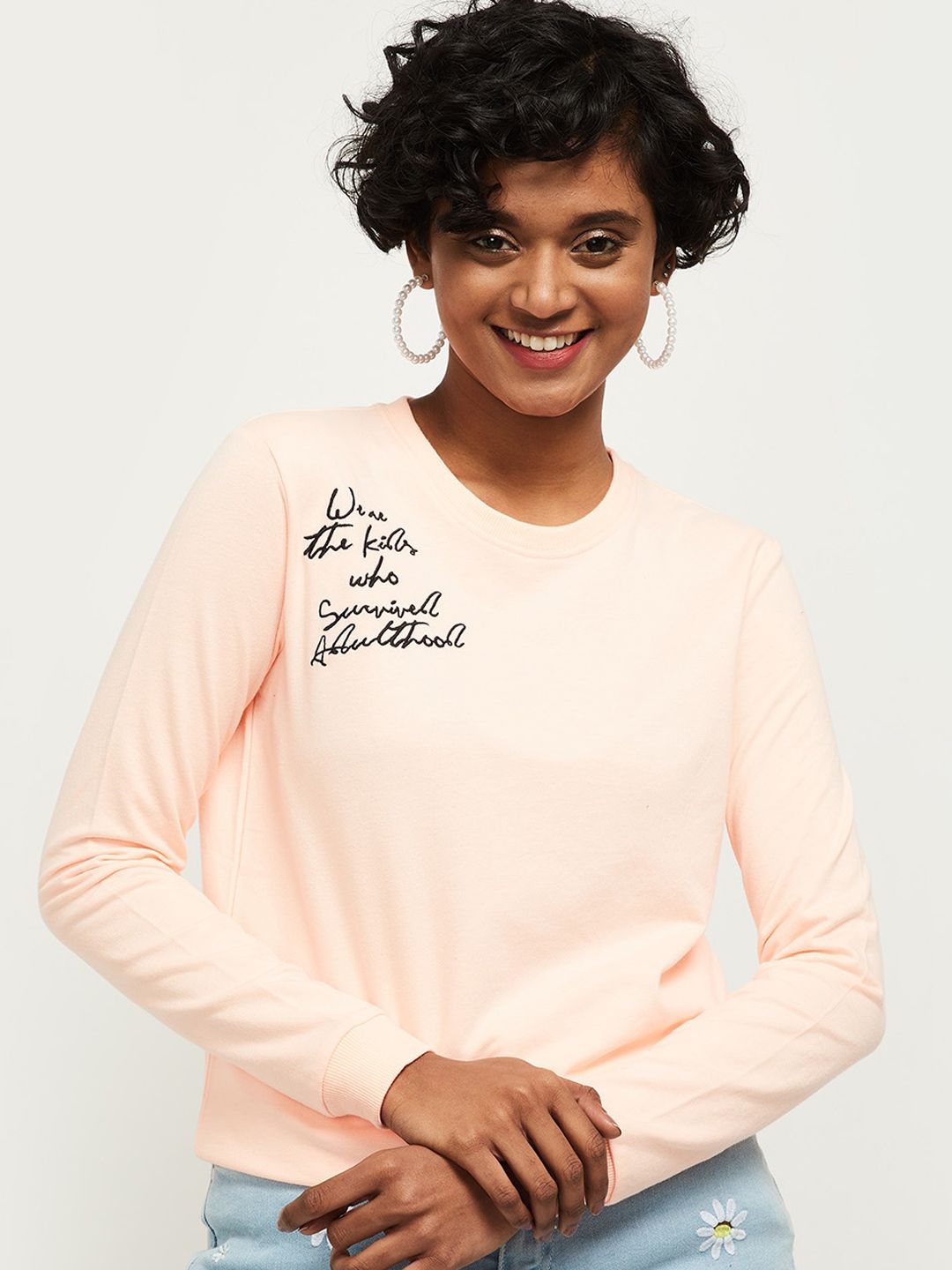 max Women Peach-Coloured Printed Round Neck Sweatshirt Price in India