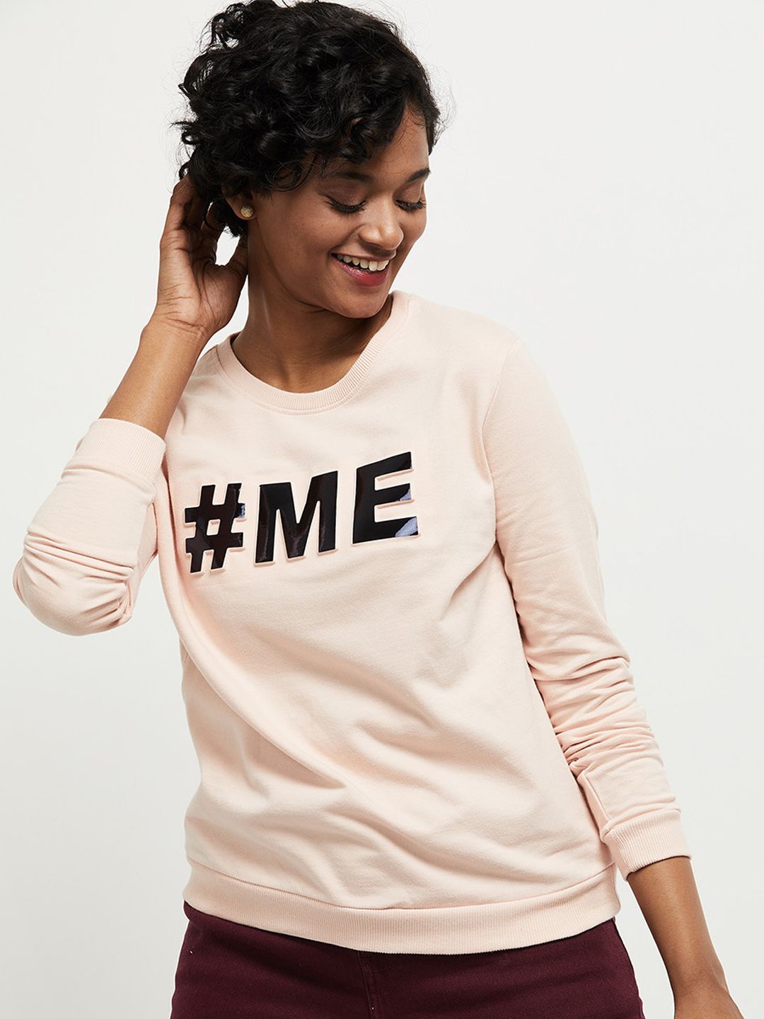 max Women Peach-Coloured Printed Round Neck Sweatshirt Price in India