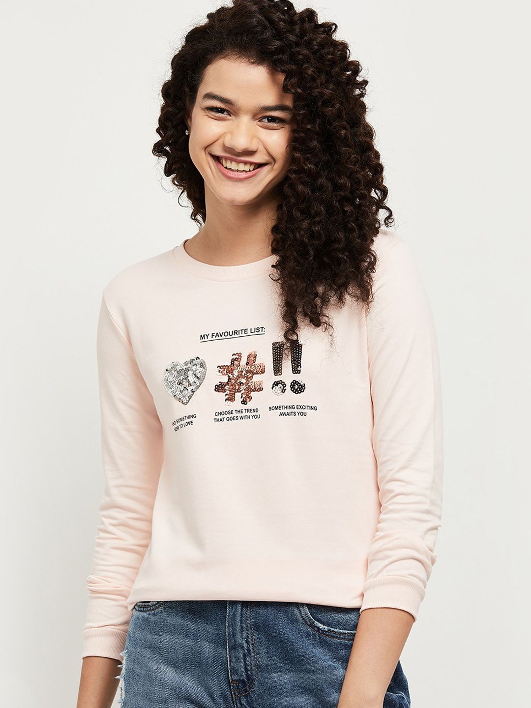 max Women Pink Printed Round Neck Sweatshirt Price in India