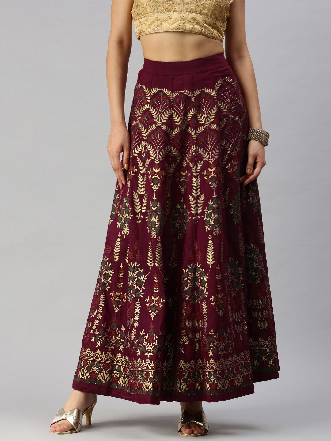 Global Desi Women Maroon & Gold Printed Straight Skirt