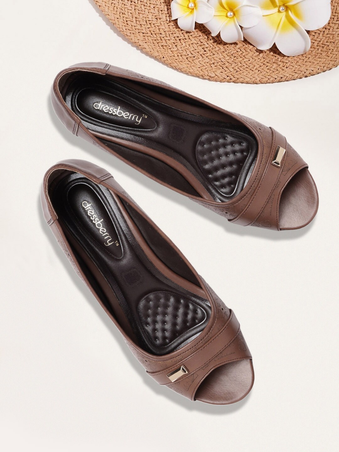 DressBerry Coffee Brown Floral Printed Wedges with Laser Cuts & Buckle Detail Price in India