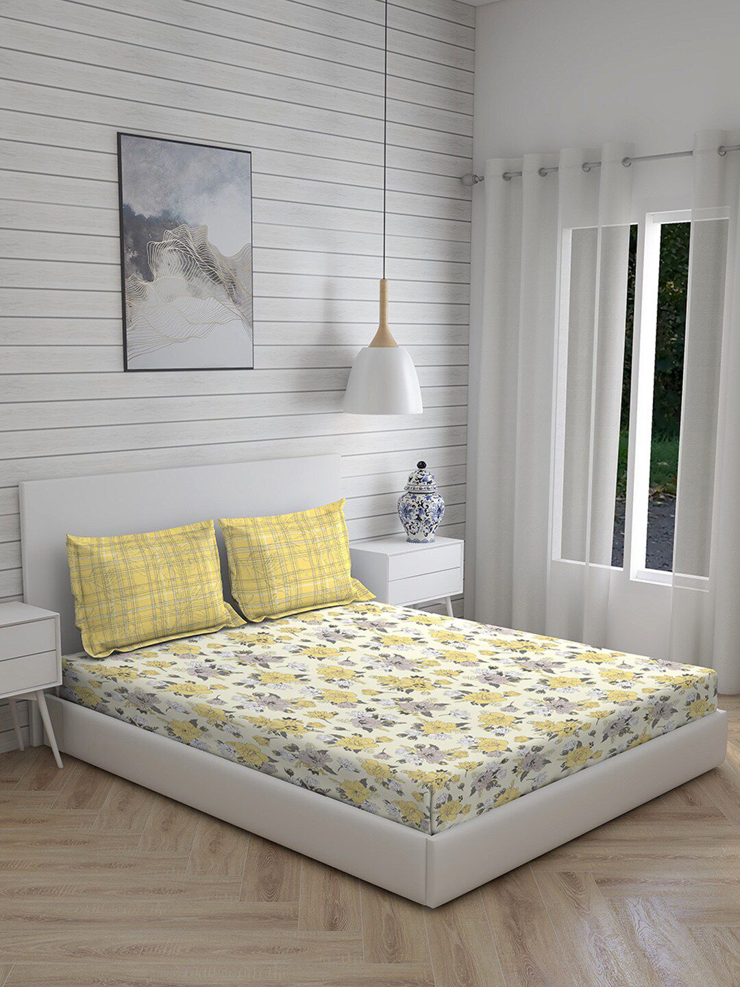 Layers Yellow & Grey Floral 120 TC Cotton Queen Bedsheet with 2 Pillow Covers Price in India