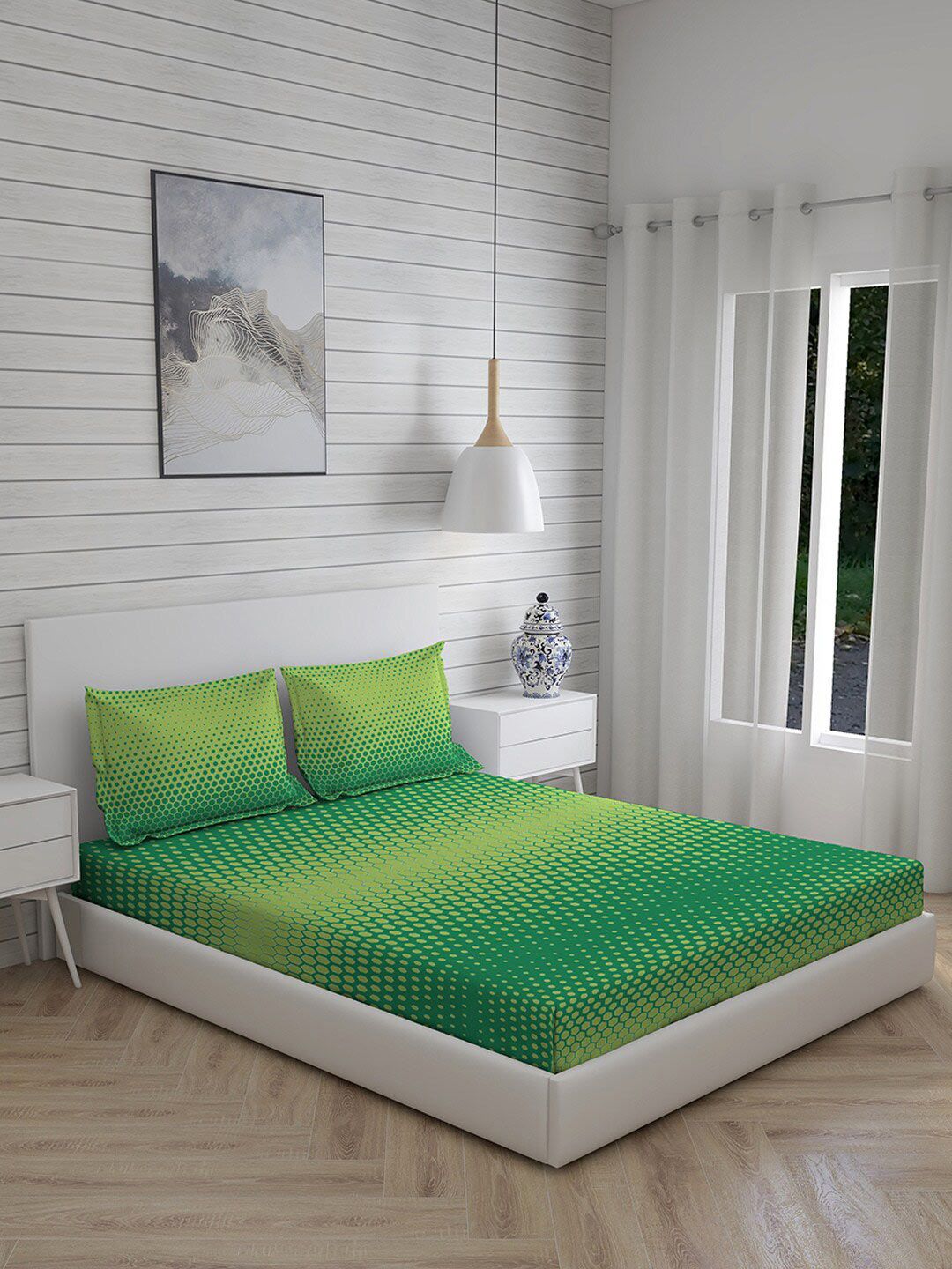 Layers Green & Yellow Geometric 120 TC Cotton Roma Queen Bedsheet With 2 Pillow Covers Price in India