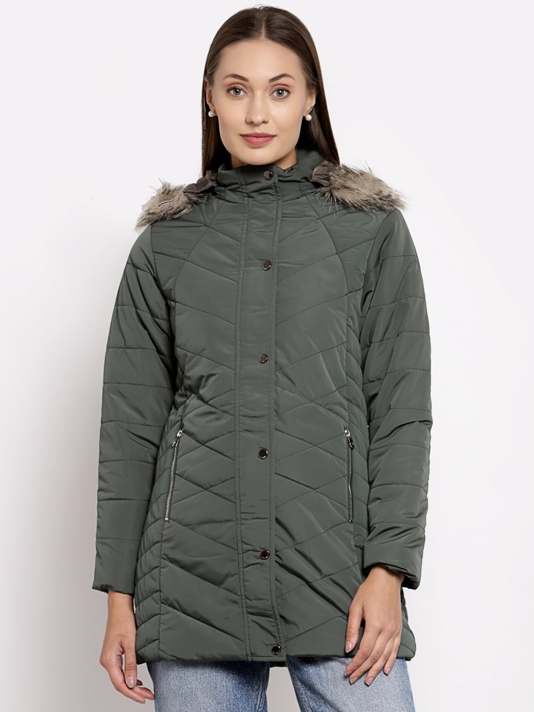 Juelle Women Green Camouflage Longline Parka Jacket Price in India