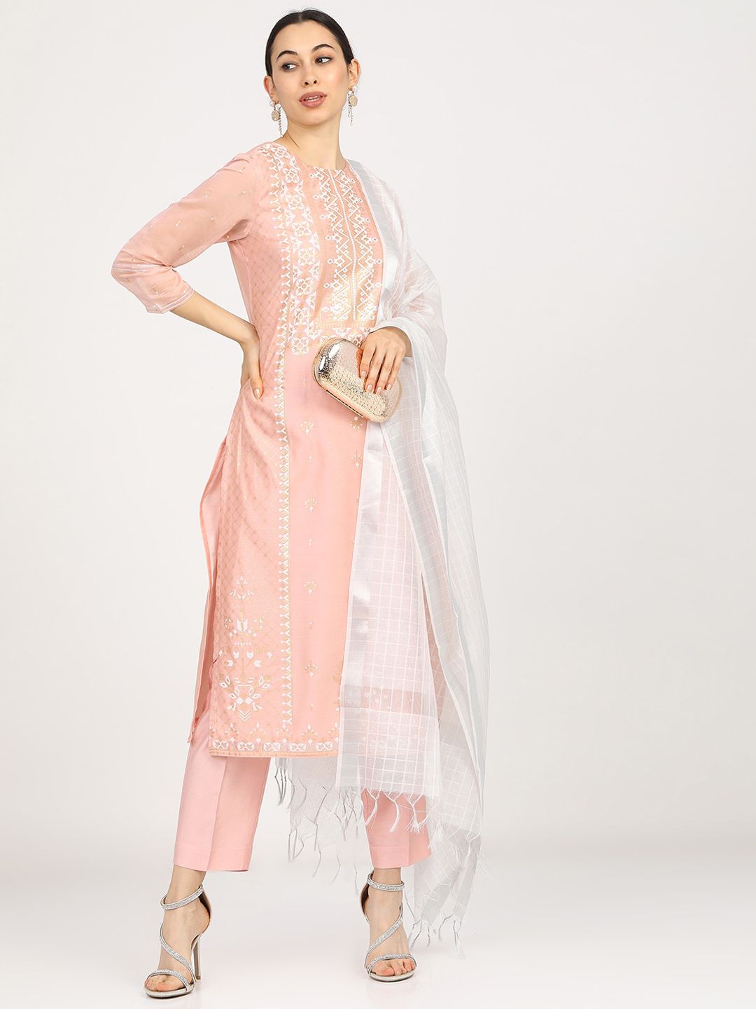 Vishudh Women Peach-Coloured Embroidered Regular Kurti with Trousers & With Dupatta Price in India