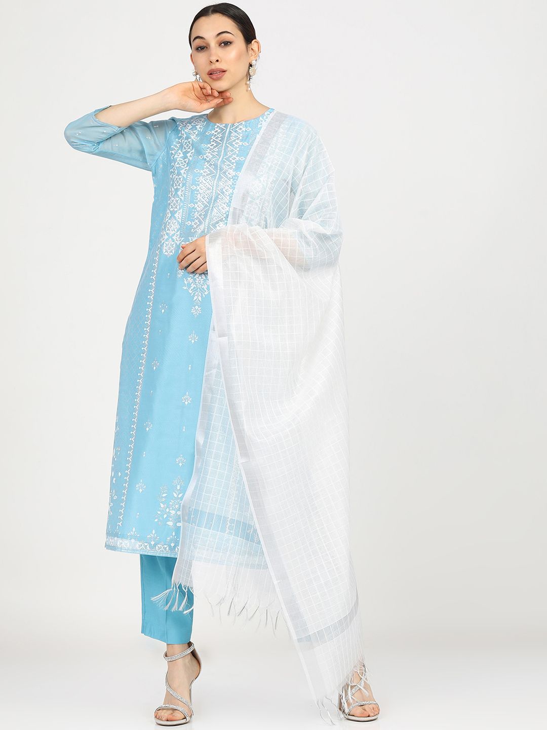 Vishudh Women Blue Ethnic Motifs Printed Kurta with Trousers & With Dupatta Price in India