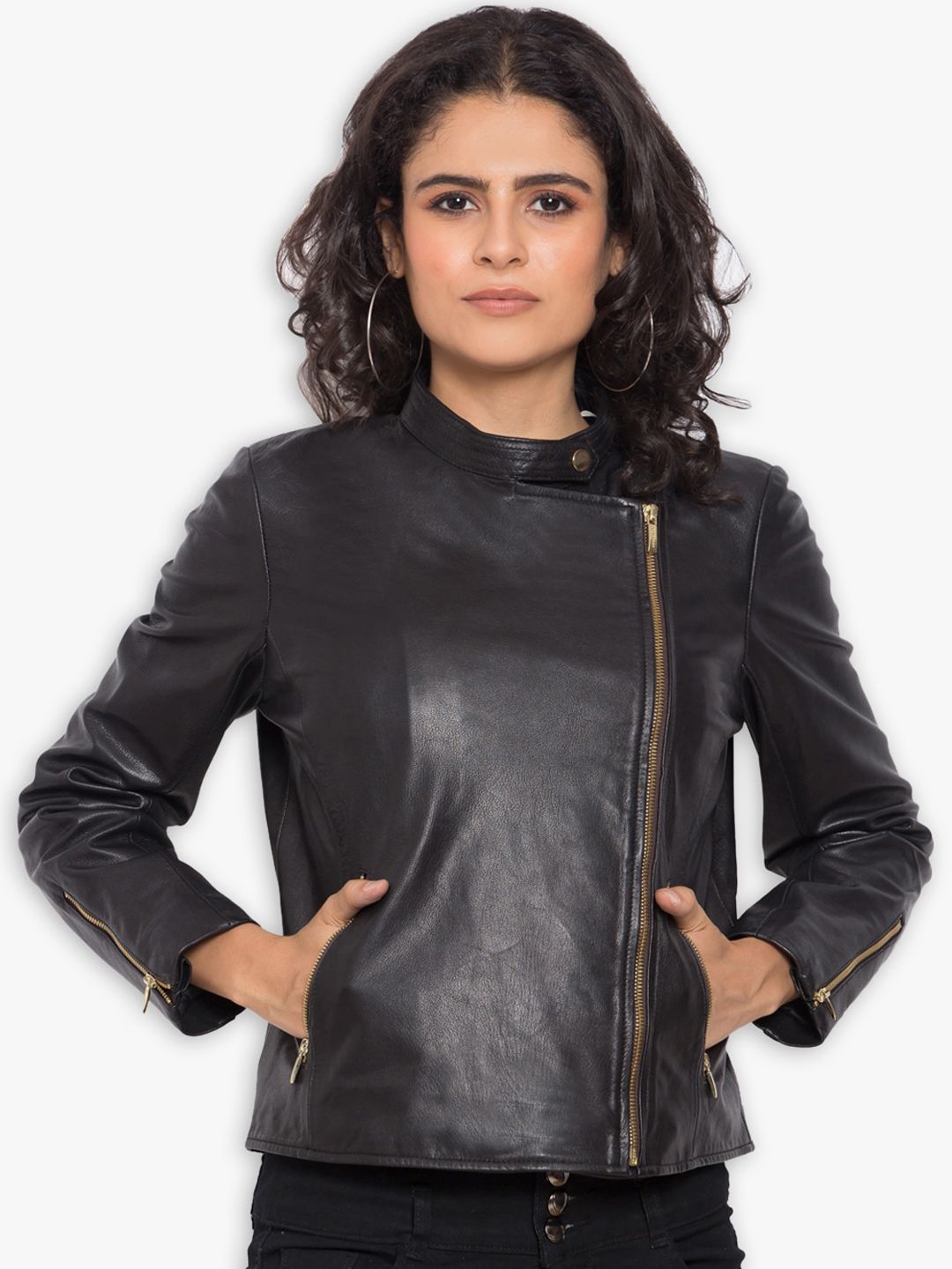 Justanned Women Black Leather Outdoor Biker Jacket Price in India