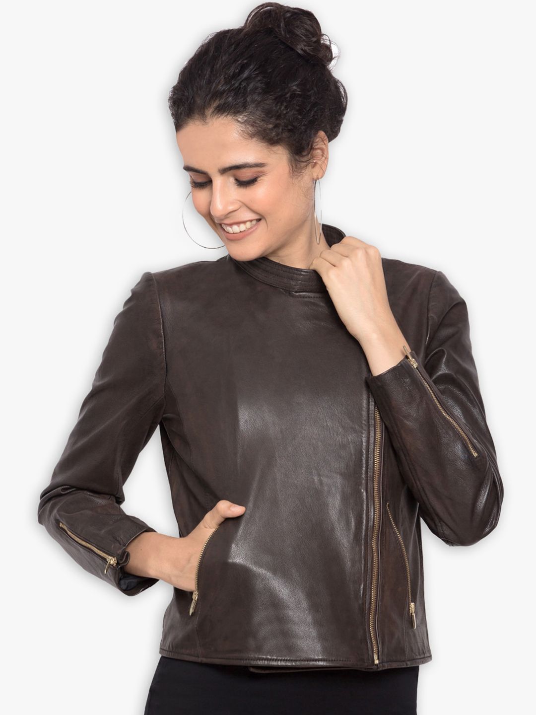 Justanned Women Brown Washed Leather Outdoor Biker Jacket Price in India