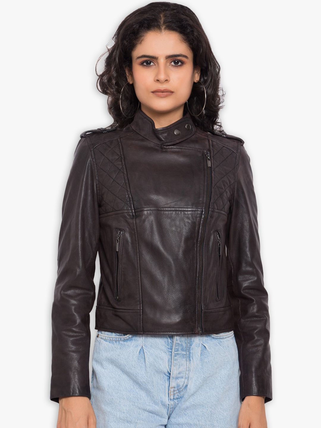 Justanned Women Brown Leather Crop Outdoor Biker Jacket Price in India