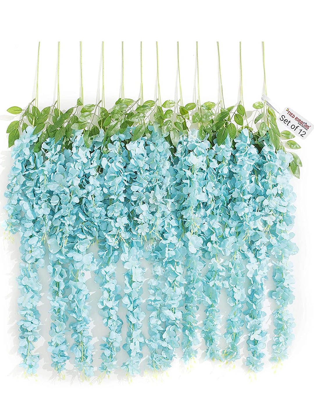 TIED RIBBONS Set Of 12 Turquoise-Blue & Green Artificial Hanging Wisteria Flower-Strings Price in India