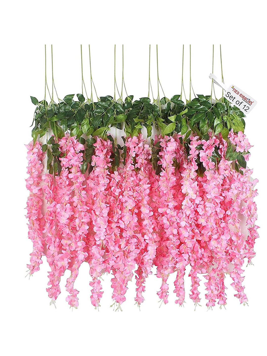 TIED RIBBONS Set Of 12 Pink & Green Artificial Hanging Wisteria Flower-Strings Price in India