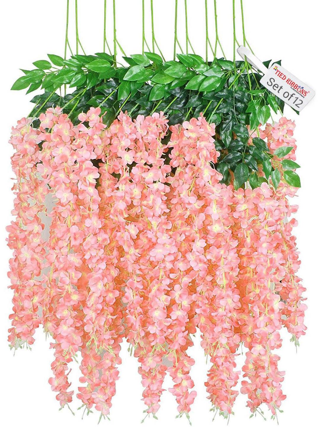 TIED RIBBONS Set Of 12 Peach-Coloured & Green Artificial Hanging Wisteria Flower-Strings Price in India