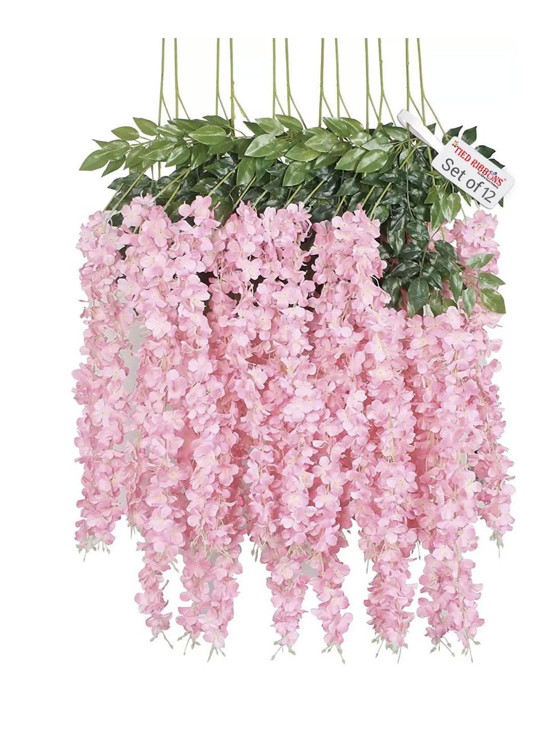 TIED RIBBONS Set Of 12 Pink & Green Artificial Hanging Wisteria Flower-Strings Price in India