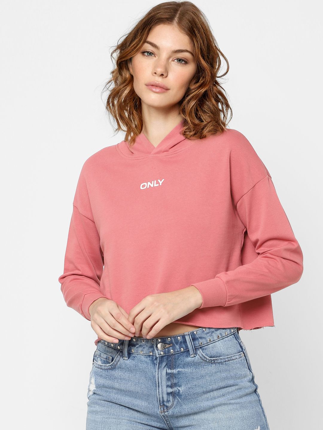 ONLY Women Pink pure Cotton Printed Hooded Crop Sweatshirt Price in India