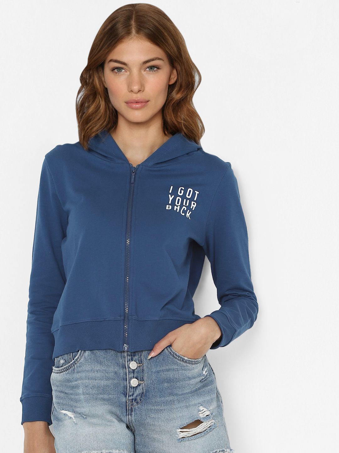 ONLY Women Blue Printed Hooded Cotton Sweatshirt Price in India