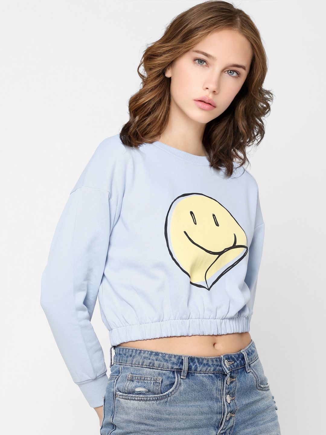 ONLY Women Blue & Yellow Printed Crop Sweatshirt Price in India