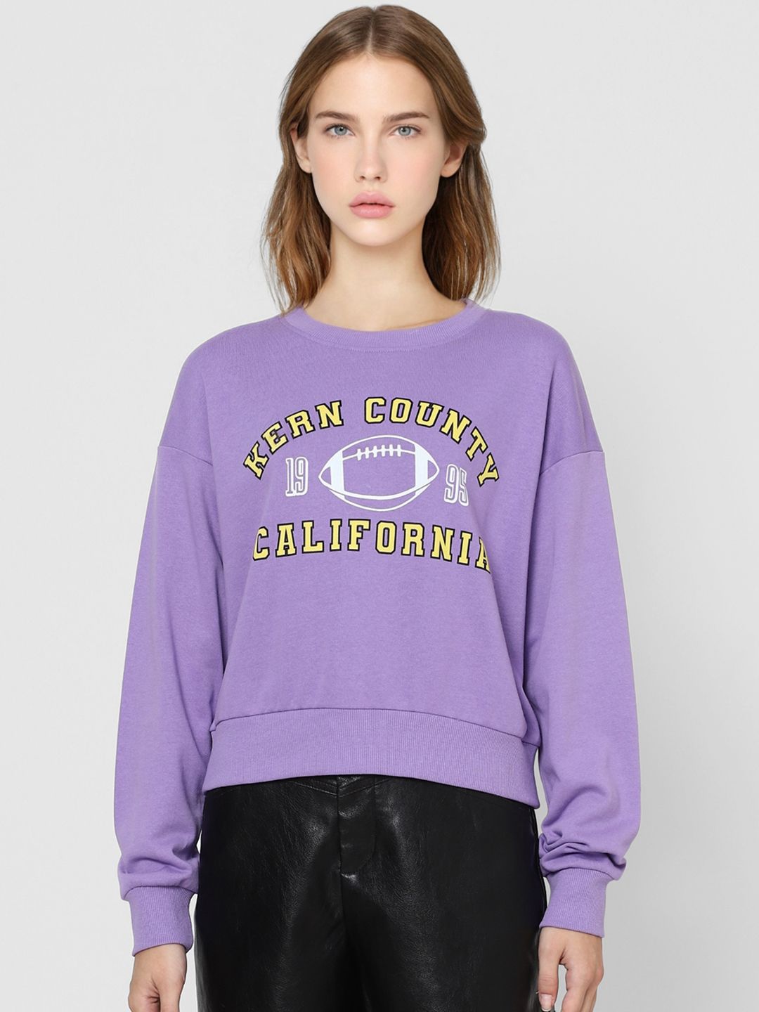 ONLY Women Purple & Yellow Pure Cotton Printed Crop Sweatshirt Price in India