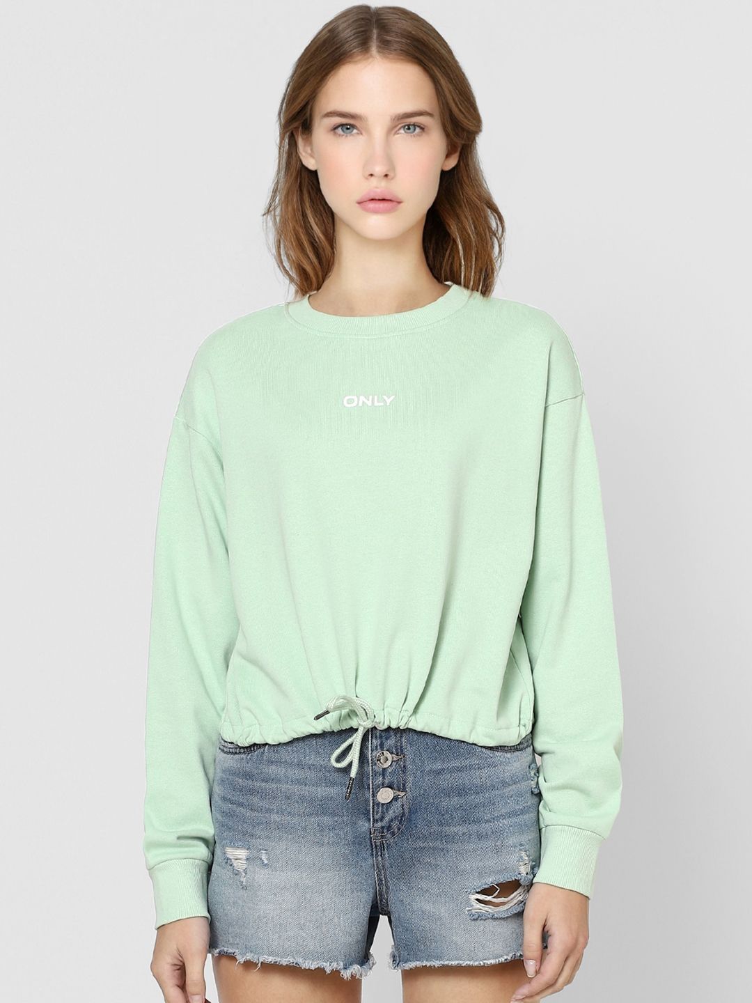 ONLY Women Green Pure Cotton Printed Crop Sweatshirt Price in India