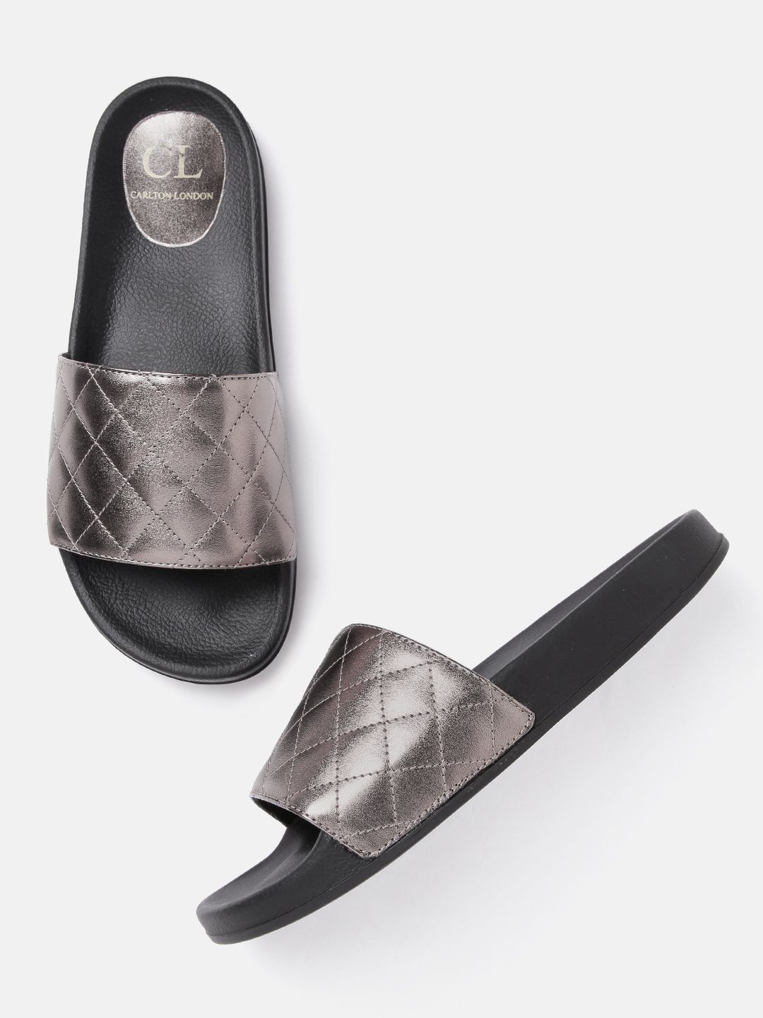Carlton London Women Gunmetal-Toned Quilted Open Toe Flats Price in India