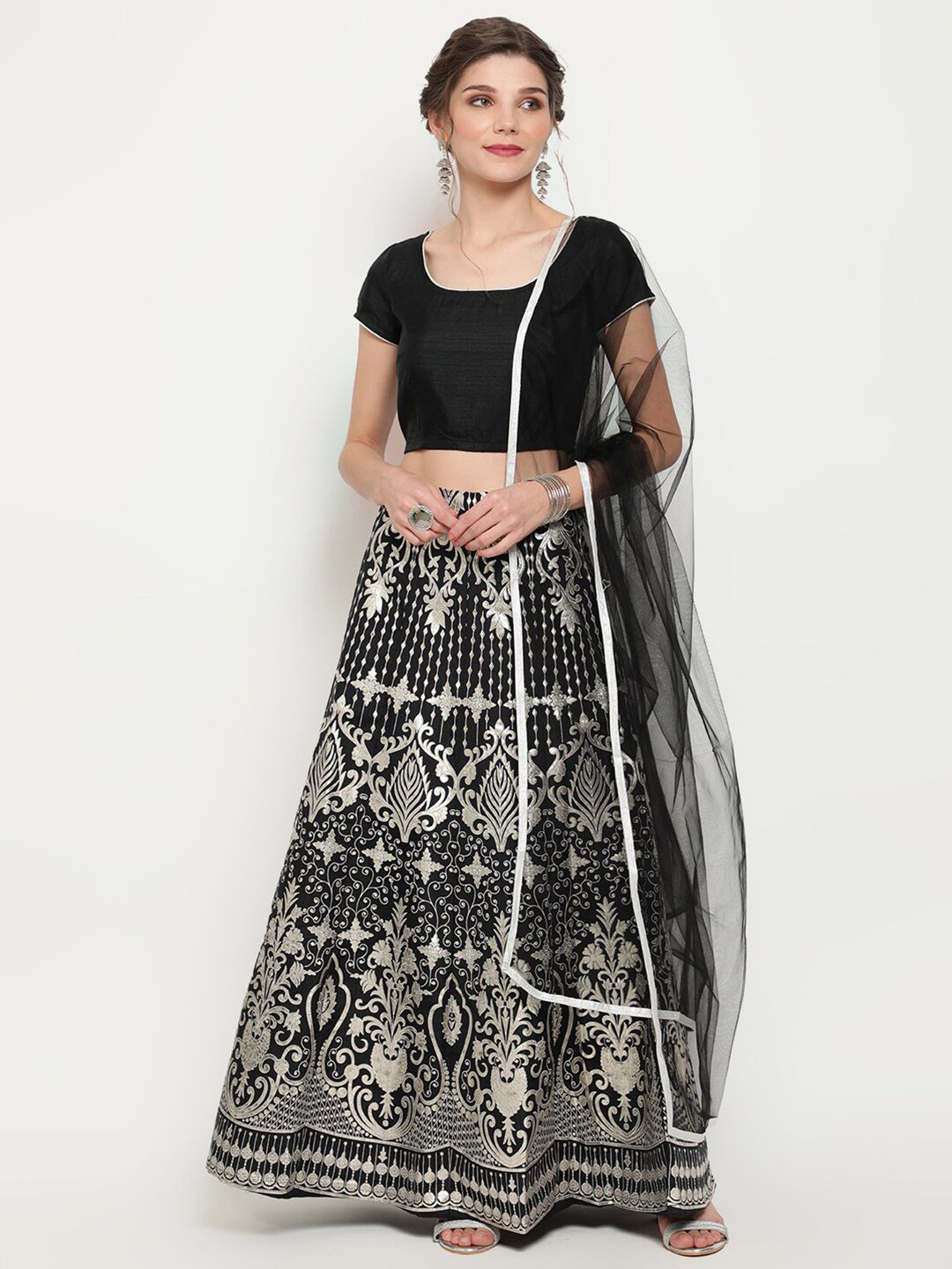 Luni Black & Silver-Toned Ready to Wear Lehenga & Blouse With Dupatta Price in India