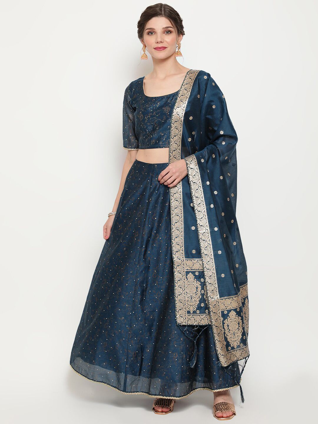 Luni Blue & Gold-Coloured Beads and Stones Ready to Wear Lehenga & Blouse With Dupatta Price in India