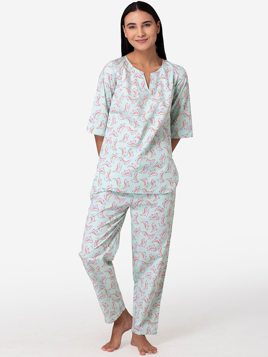 Fluffalump Women Sea Green & Pink Printed Pure Cotton Night suit Price in India