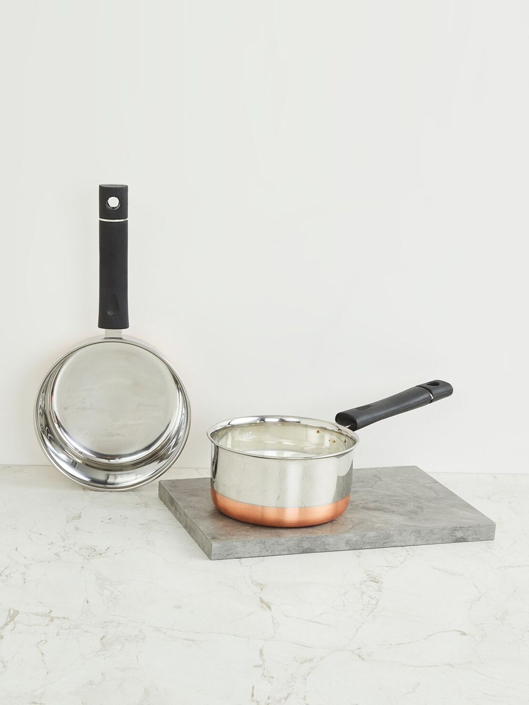 Home Centre Set Of 2 Silver-Toned & Copper-Toned Stainless Steel Sauce Pans Price in India