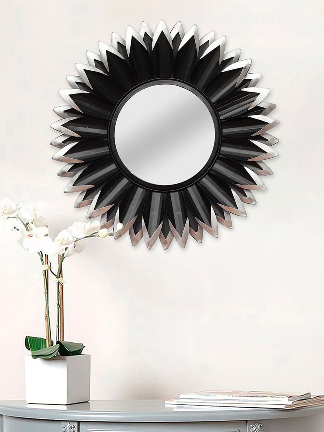eCraftIndia Black & Silver-Toned Textured Decorative Iron Handcrafted Wall Mirror Price in India