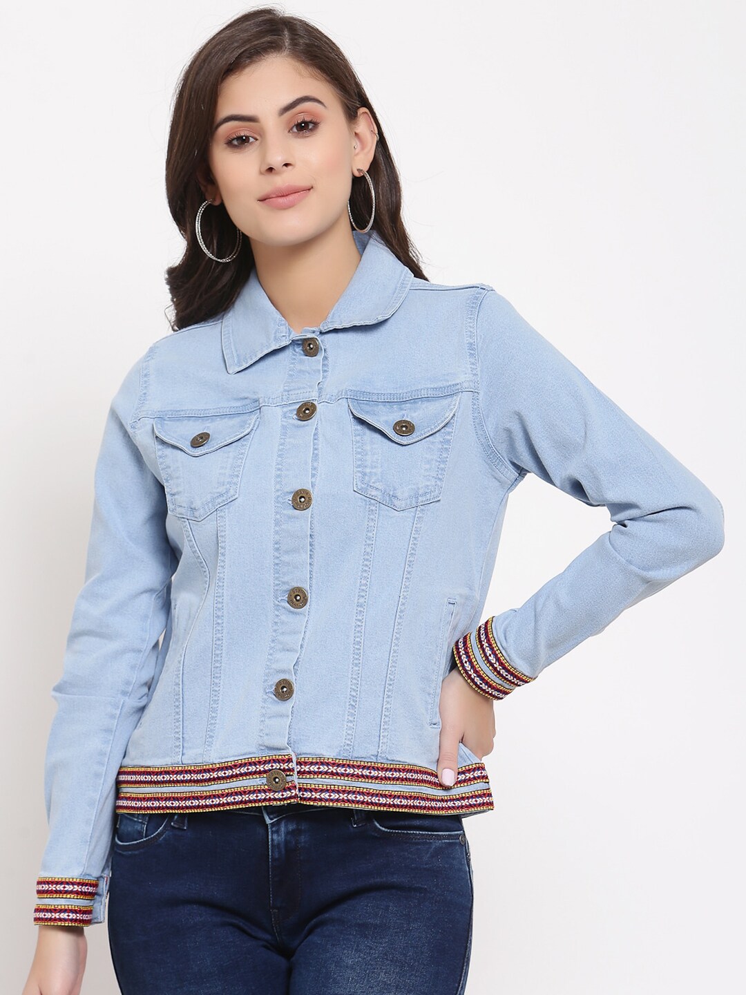 Style Quotient Women Blue Washed Embroidered Denim Jacket