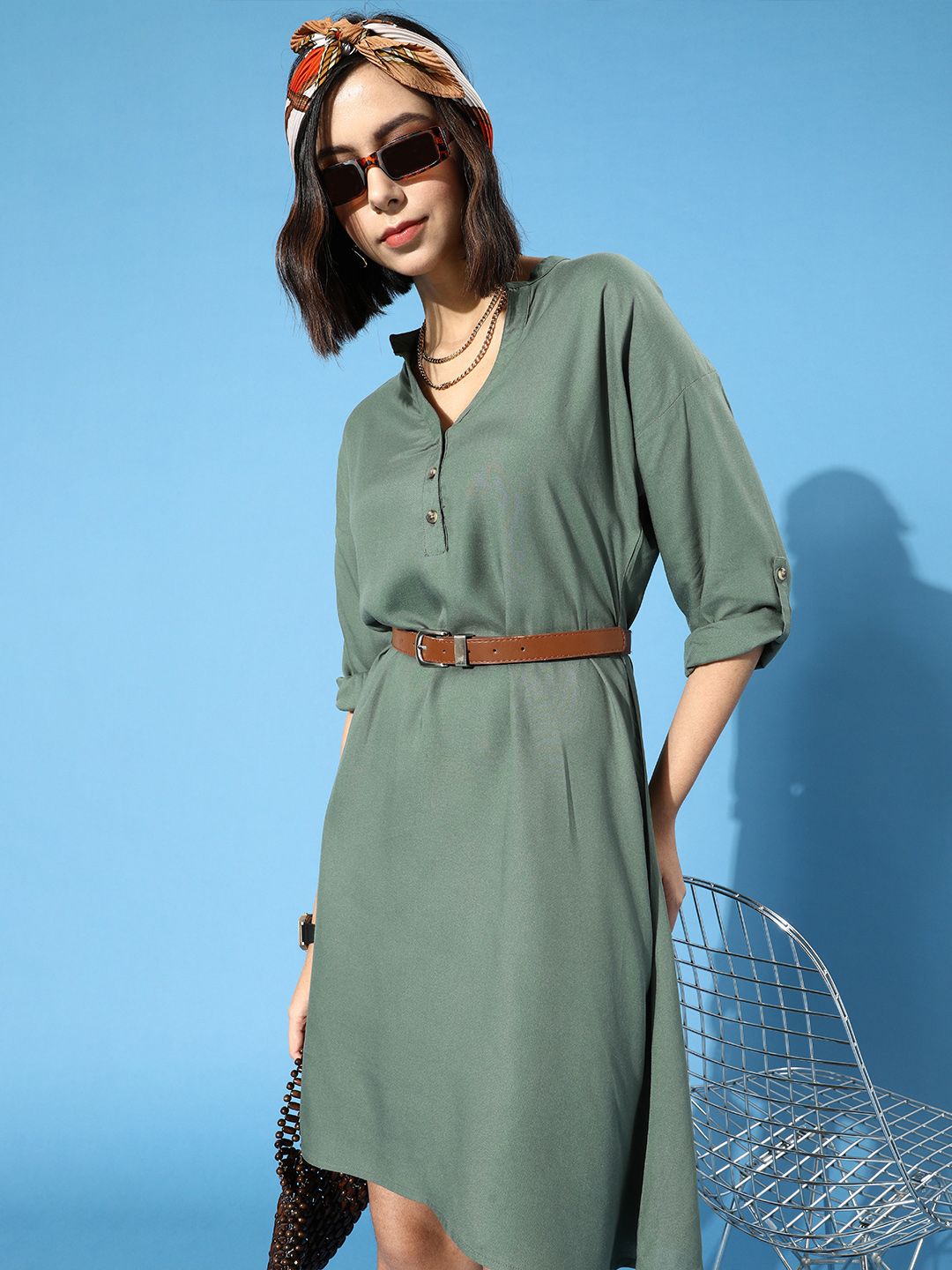 STREET 9 Women Olive Solid High-Low Dress Price in India