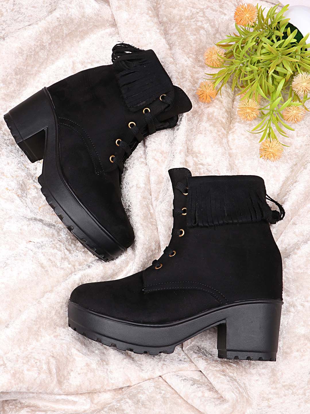 Shoetopia Women Black Suede High-Top Block Heeled Boots with Tassels Price in India