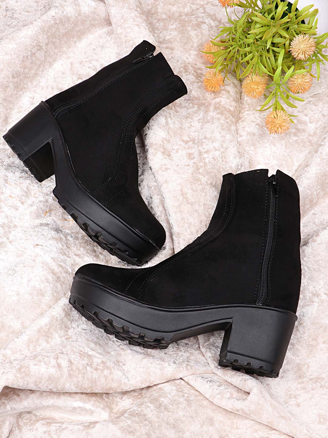 Shoetopia Women Black Suede High-Top Block Heeled Boots Price in India